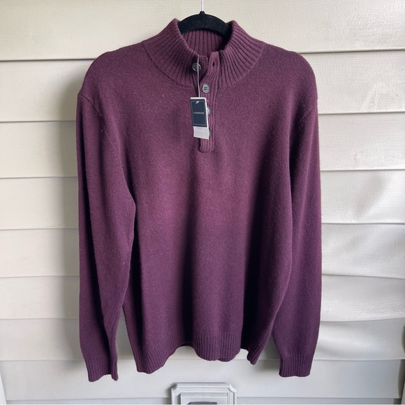 Lands' End Wool Cashmere Henley Mock Neck Sweater Purple Men's L Preppy Office - Picture 1 of 9